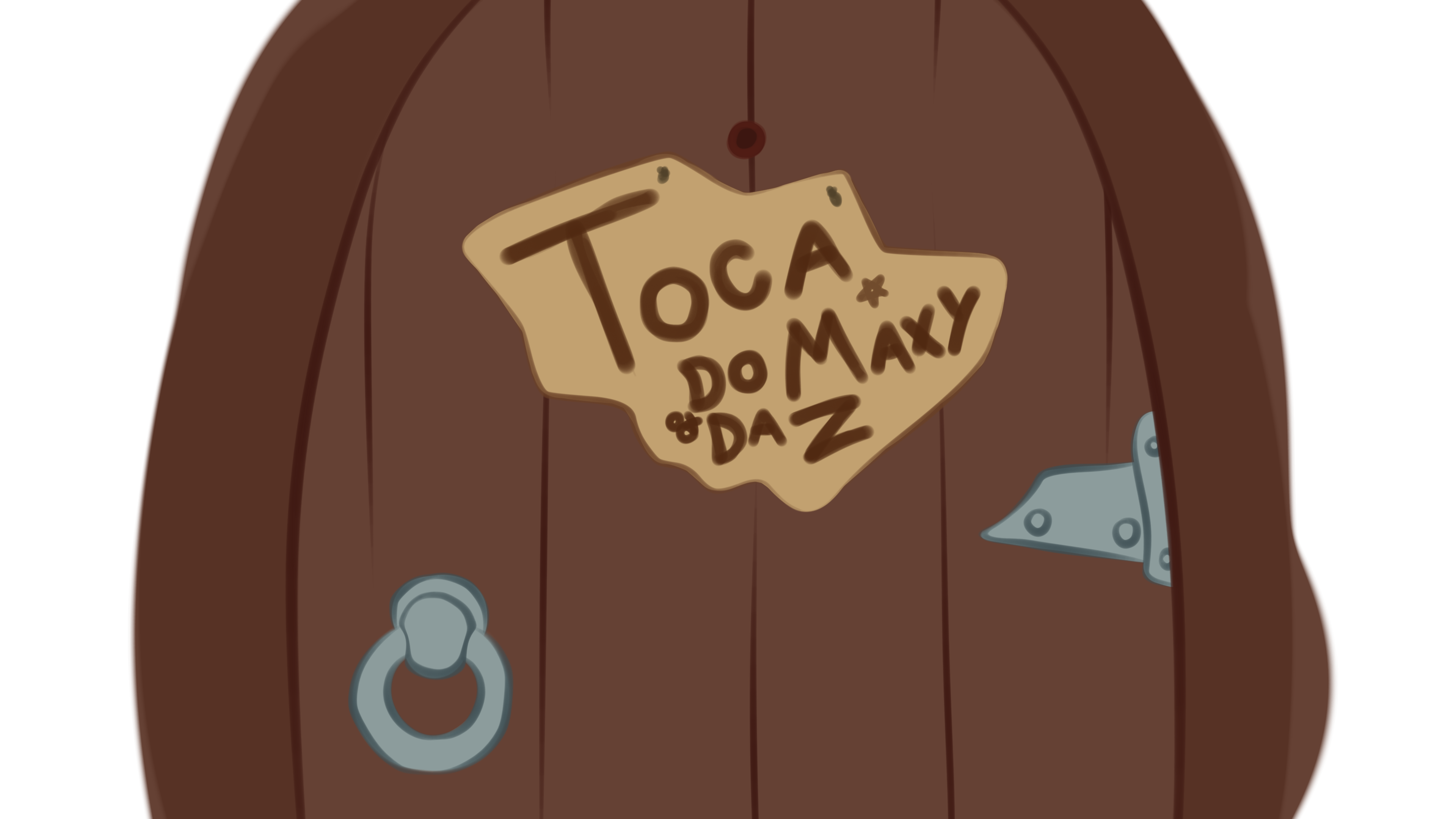 Porta de madeira arredondada com uma placa pendurada escrita: Toca do Maxy e da Z